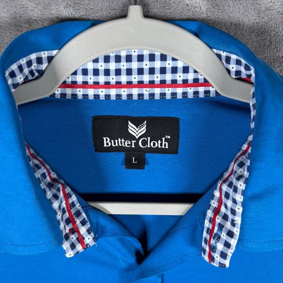 Butter Cloth Button Up Shirt Blue Check Trim Men’s L Long Sleeve Cotton - Picture 3 of 7